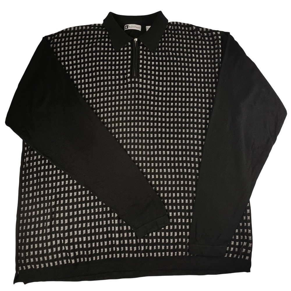 Bachrach Polo Sweater Mens XL Black Silk Cotton Quarter Zip Knit {Dressy Luxury}